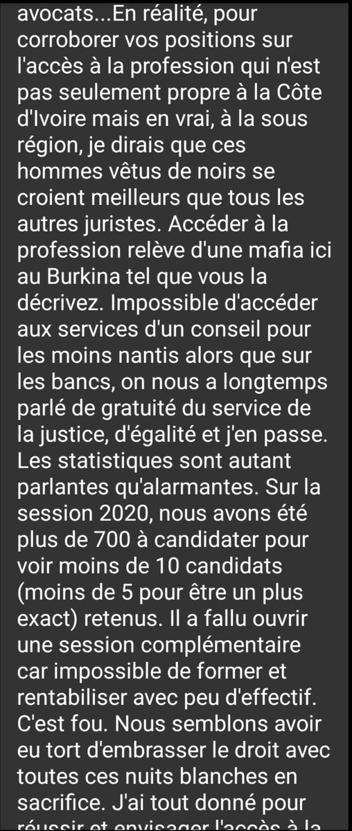 ClemsMikaelson's tweet photo. Je partage avec vous un partage d'expérience d'un Juriste burkinabè. C'est un peu long, mais ça vaut le détour. 

Pourquoi je partage avec vous un témoignage de quelqu'un au Burkina Faso? Comme preuve que la fermeture du CAPA n'est pas seulement nationale. Elle est sous-régionale (UEMOA) comme les chiffres que je vous ai montrés que je vais remettre en commentaire. 

Ils ont créé des cartels dans chacun des huit (8) pays de la zone. Ces cartels fonctionnent de la même façon et ils coordonnent entre eux pour exclure les différents juristes de ces pays et sélectionner le minimum de personnes dans des examens transformés en concours avec des critères opaques et iniques.

En 2024, selon le tableau de l'Ordre des Avocats du Burkina, le Burkina Faso avait environ 249 avocats pour 23 millions de personnes. 249 Avocats pour 23 millions de personnes.

Bonne lecture.