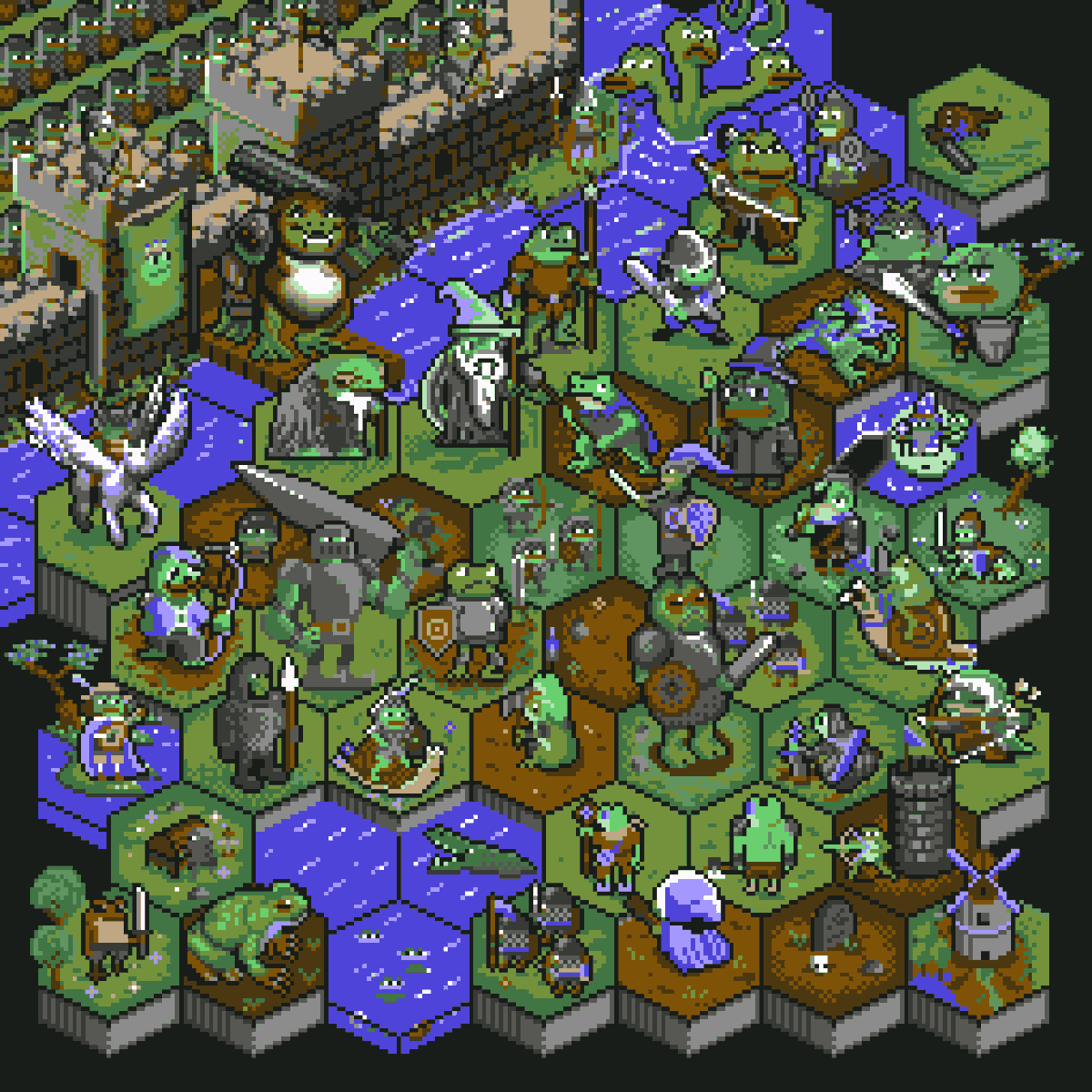 "Medieval Toad &amp; Frog War" on <a href="/basepaint_xyz/">BasePaint</a> 🐸⚔️

I added some tiny pixel pepe troops... I love this fun frog filled canvas! Mint to support 123 hard working artists onchain 💙👇

👉 basepaint.xyz/mint 👈