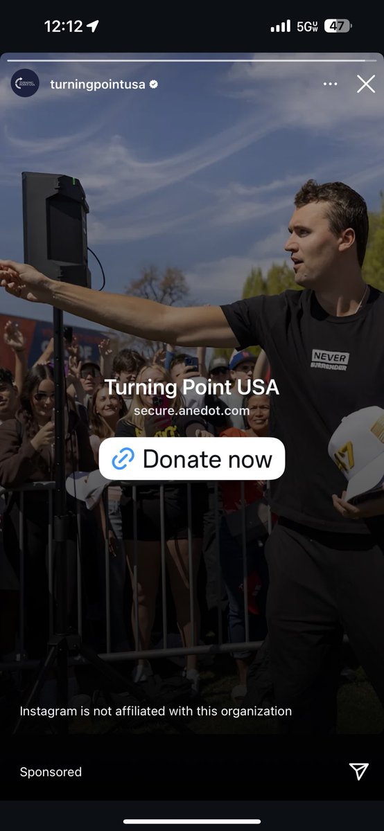 Am i the only one noticing the note at the bottom of this <a href="/TPUSA/">Turning Point USA</a> ad from Instagram? Other ads don’t have this message on this ad.

“Instagram is not affiliated with this organization”