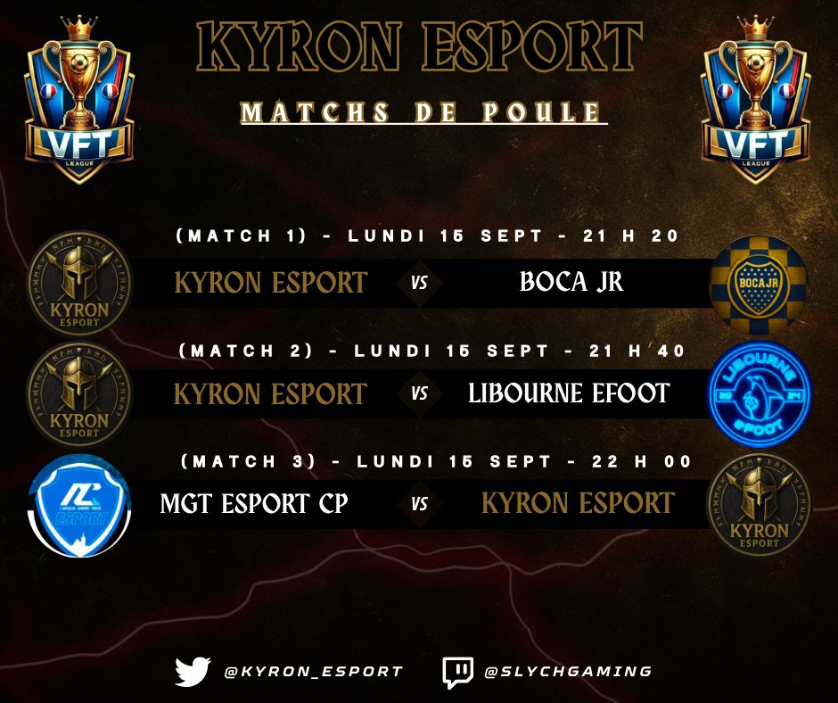 Découvrez la compo ainsi que les matchs de poule pour le tournoi chez <a href="/VirtualFrenchL/">VFT League 🇫🇷</a> ce soir avec des nouveaux visages dans l'équipe ! 🏆

twitch.tv/slychgaming

🟡KYRON ESPORT⚫

#eafc25 #EAFC #eSports #easportsfc26 #twitchtv #livestreaming #TwitchStreamers <a href="/VirtualFrenchL/">VFT League 🇫🇷</a>