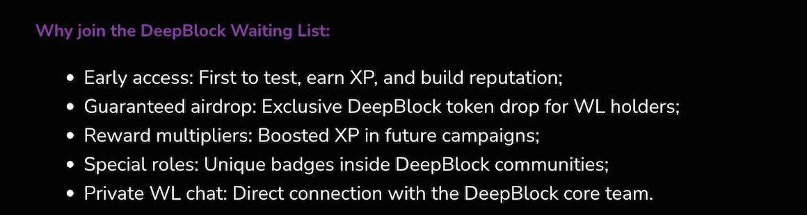 DeepBlockAI's tweet image. Why should you apply to waiting list?
- early access and earn XP
- guaranteed airdrop for WL holders
- boosted XP in future campaigns
- special roles inside our community
- private chat for WL holders
- direct connection with the core team
Apply: premint.xyz/deep-block/