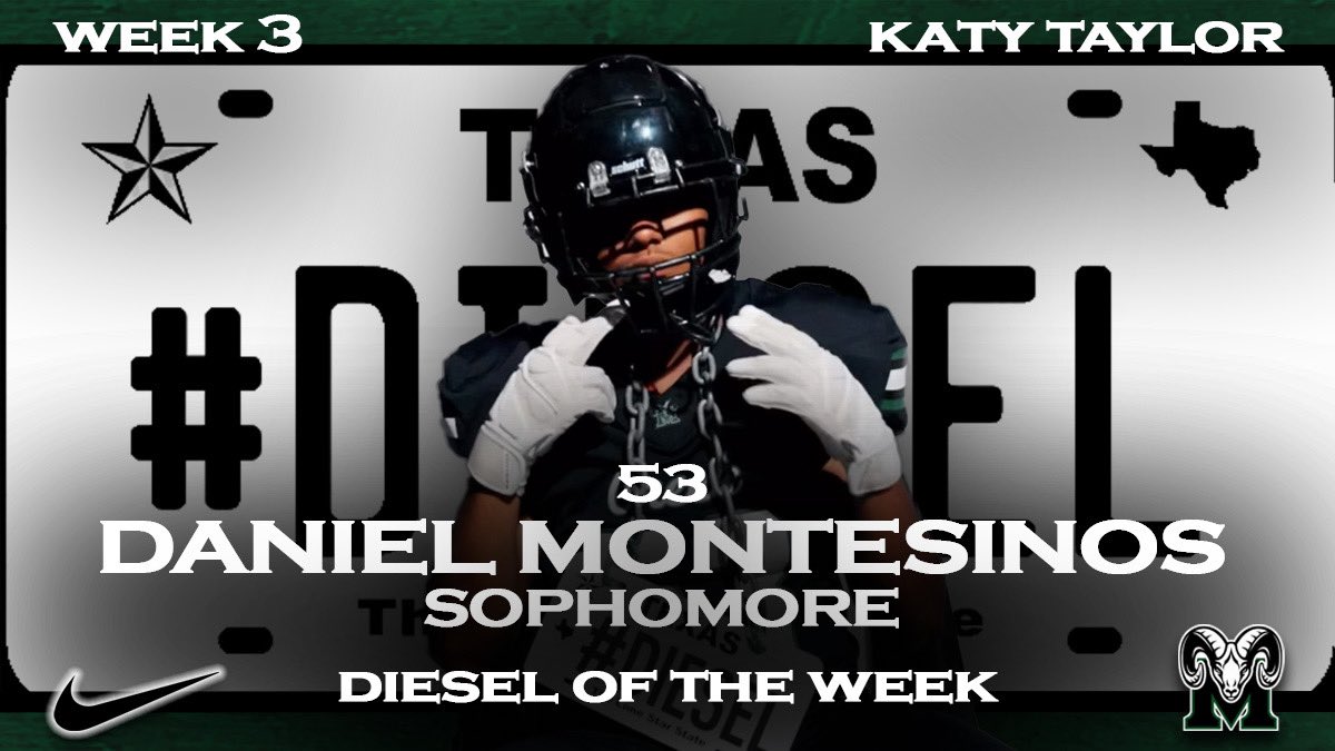Coach_Piker's tweet photo. Congratulations to the @MCRamFootball #DIESEL of the Week Award winner, Daniel Montesinos for his week three performance against Katy Taylor!
#OL #WeAre #CreekMayde #RamTough #Ram3500 https://t.co/Ae51BzNkuR