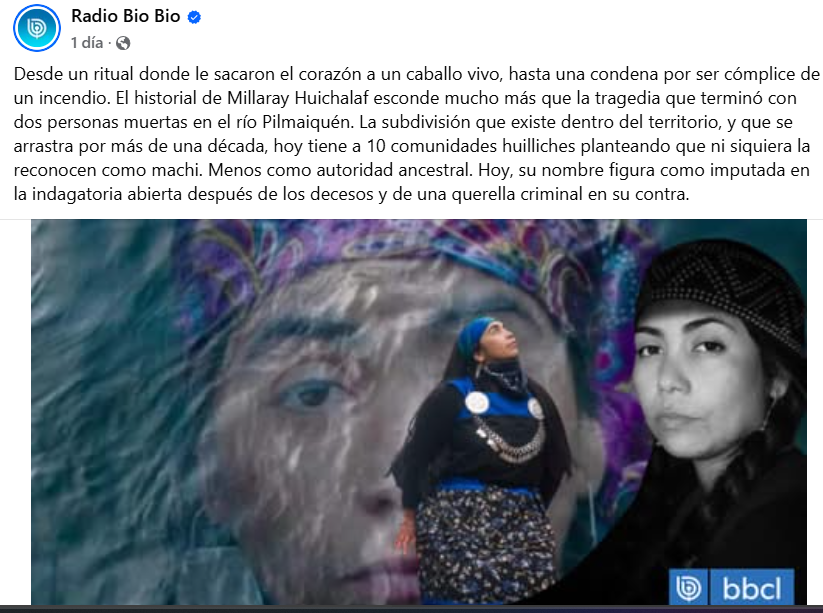 <a href="/sitiodelsuceso/">Sitio del Suceso SDS</a> A propósito de "Intercultural", la Millaray Huichalaf se arrancó al extranjero después del ritual en que terminó con la muerte de dos personas que fueron arrastradas por el río Pilmaiquén en una ceremonia de sanación mapuche.