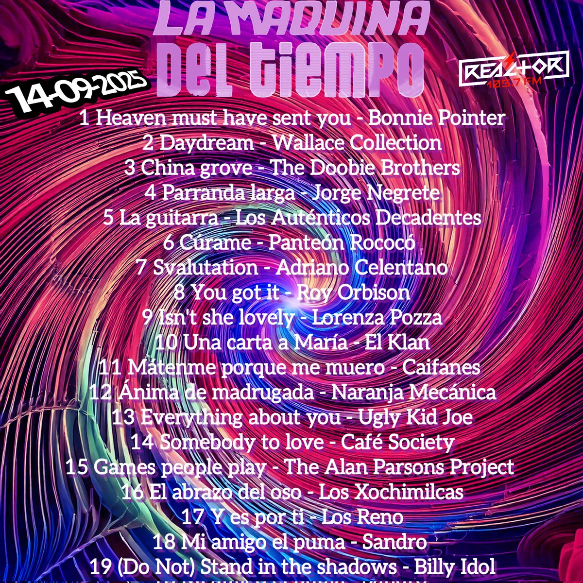 La Máquina del Tiempo de Reactor 105.7 FM (@lamaquina105) on Twitter photo Les dejamos las canciones que sonaron ayer en <a href="/lamaquina105/">La Máquina del Tiempo de Reactor 105.7 FM</a> 
<a href="/RockJinete/">Jinete Rock</a> <a href="/elomar_ze/">Omar Salazar</a> <a href="/PacoMemoRock/">Paco Memo Rock</a> Les dejamos las canciones que sonaron ayer en <a href="/lamaquina105/">La Máquina del Tiempo de Reactor 105.7 FM</a> 
<a href="/RockJinete/">Jinete Rock</a> <a href="/elomar_ze/">Omar Salazar</a> <a href="/PacoMemoRock/">Paco Memo Rock</a>