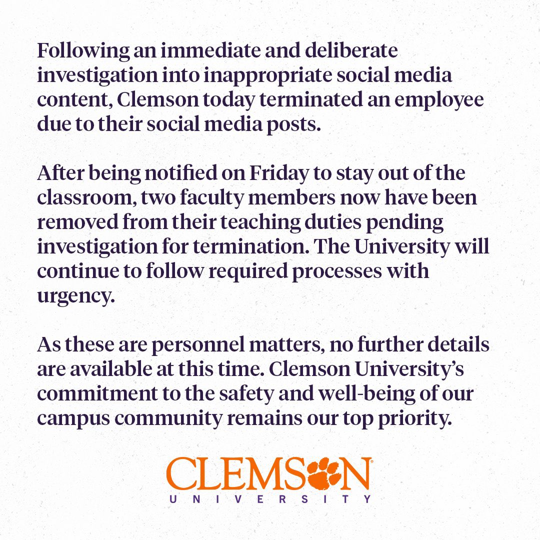 Justin Dougherty (@doughertyjc) on Twitter photo #BREAKING: <a href="/ClemsonUniv/">Clemson University</a> has fired an employee after inappropriate comments made on social media regarding Charlie Kirk’s killing.
Comes after a wave of pressure from state leaders for days, including the <a href="/SCFreedomCaucus/">South Carolina Freedom Caucus</a> #BREAKING: <a href="/ClemsonUniv/">Clemson University</a> has fired an employee after inappropriate comments made on social media regarding Charlie Kirk’s killing.
Comes after a wave of pressure from state leaders for days, including the <a href="/SCFreedomCaucus/">South Carolina Freedom Caucus</a>