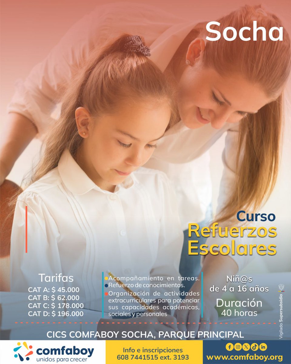 En Socha abrimos inscripciones para el Curso de Refuerzos Escolares.
👩‍🏫 Niñ<a href="/s/">『S』</a> de 4 a 16 años
✅ 40 horas de acompañamiento, refuerzo y actividades extracurriculares💲Desde $45.000
📍 CICS Comfaboy Socha – Parque Principal
📞 608 7441515 ext. 3193
#ComfaboyUnidosParaCrecer