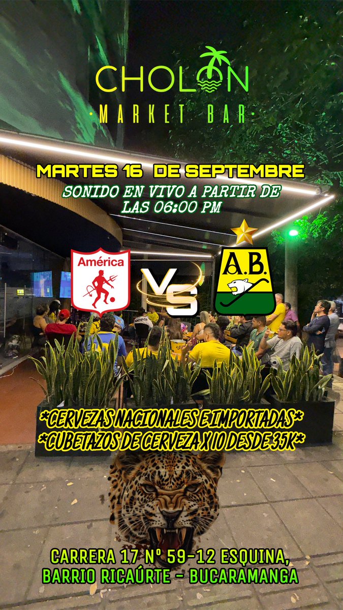 <a href="/cholonbga/">CHOLÓN MARKET BAR</a> 🔜  fecha aplazada de Liga, Martes 16 de Septiembre a partir de las 06:00 pm;  América de Cali 🔴🔴 Vs ATLÉTICO BUCARAMANGA🟡🟢 🐯🐆🔰⭐️ 

Ubicación:
📍Carrera 17 # 59-12 Esquina, barrio Ricaurte 

#atleticobucaramanga #Bucaramanga #ciudadbonita #soñemosjuntos
