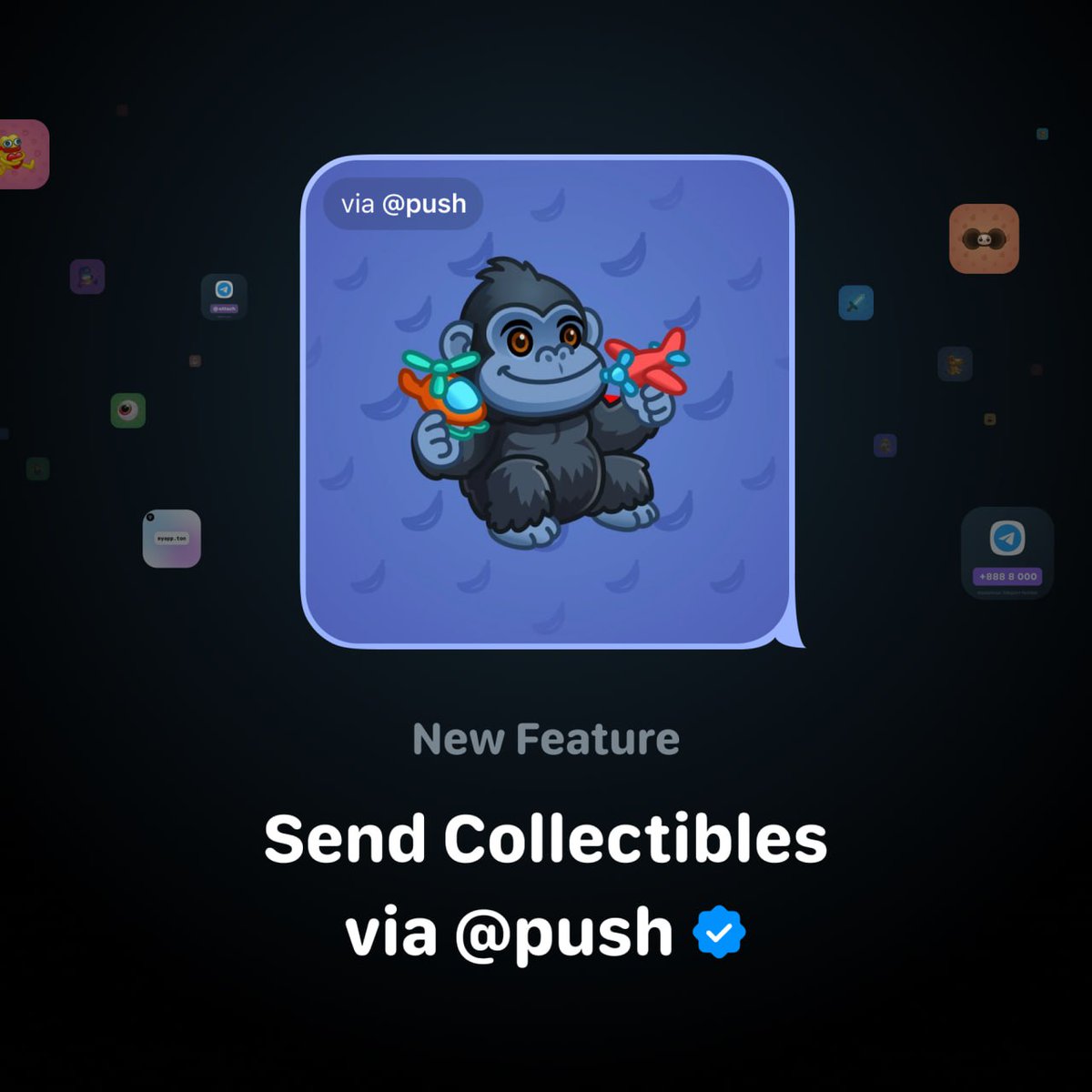 tonevents's tweet photo. 🚀 On-chain NFT transfers via @push in MyTonWallet!

👛 Just type @push gift or @push nft in any chat – your on-chain collection will open for quick NFT sending.

🤑 You can also transfer $TON, $USDT & $MY (more tokens coming soon) – all without leaving Telegram.

#MyTonWallet #NFT #TON #push