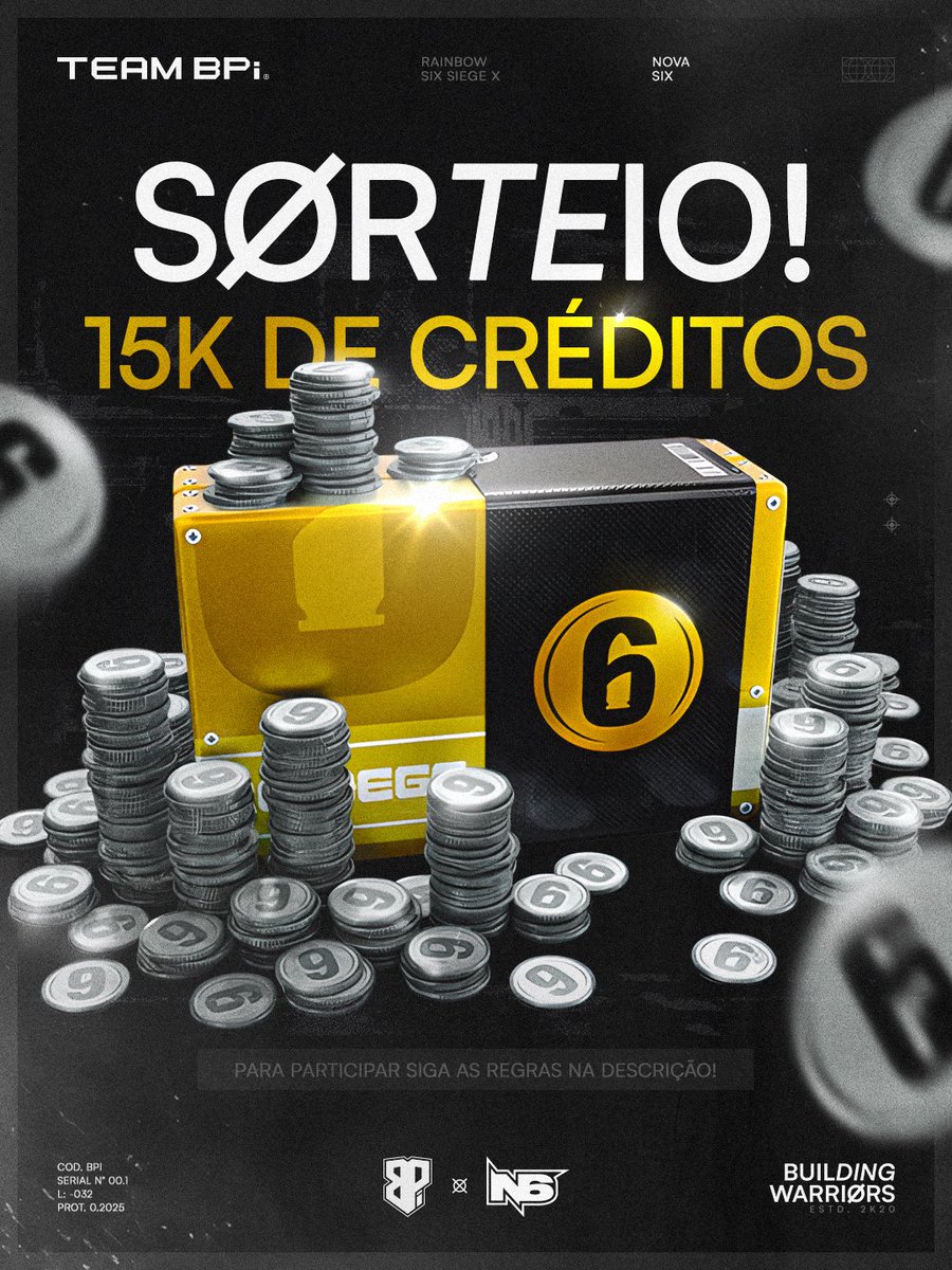 Team BPi (@teambpi_) on Twitter photo 🚨SORTEIO 15k DE CRÉDITOS🚨
Em parceria com a <a href="/NovaSixR6/">Nova Six BR 🇧🇷</a> estamos sorteando 15k de créditos R6! Siga os passos abaixo para participar:
➡️ Seguir o <a href="/TeamBPi_/">Team BPi</a> e <a href="/NovaSixR6/">Nova Six BR 🇧🇷</a> no X e no Instagram.
➡️ Marcar dois amigos nos comentários, dar like + RT.
➡️ Repostar a publicação nos 🚨SORTEIO 15k DE CRÉDITOS🚨
Em parceria com a <a href="/NovaSixR6/">Nova Six BR 🇧🇷</a> estamos sorteando 15k de créditos R6! Siga os passos abaixo para participar:
➡️ Seguir o <a href="/TeamBPi_/">Team BPi</a> e <a href="/NovaSixR6/">Nova Six BR 🇧🇷</a> no X e no Instagram.
➡️ Marcar dois amigos nos comentários, dar like + RT.
➡️ Repostar a publicação nos