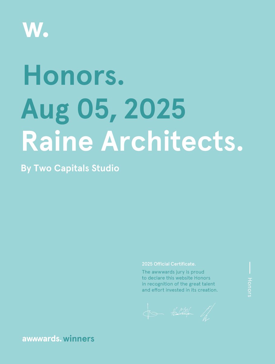 Two_capitalsS's tweet image. We’re proud to share a new achievement! 

Our project for Raine Architects has been awarded an Honors Certificate 🏆 at Awwwards.

This recognition highlights our passion for creating digital experiences that merge design excellence and seamless functionality.

#Awwwards #Honors