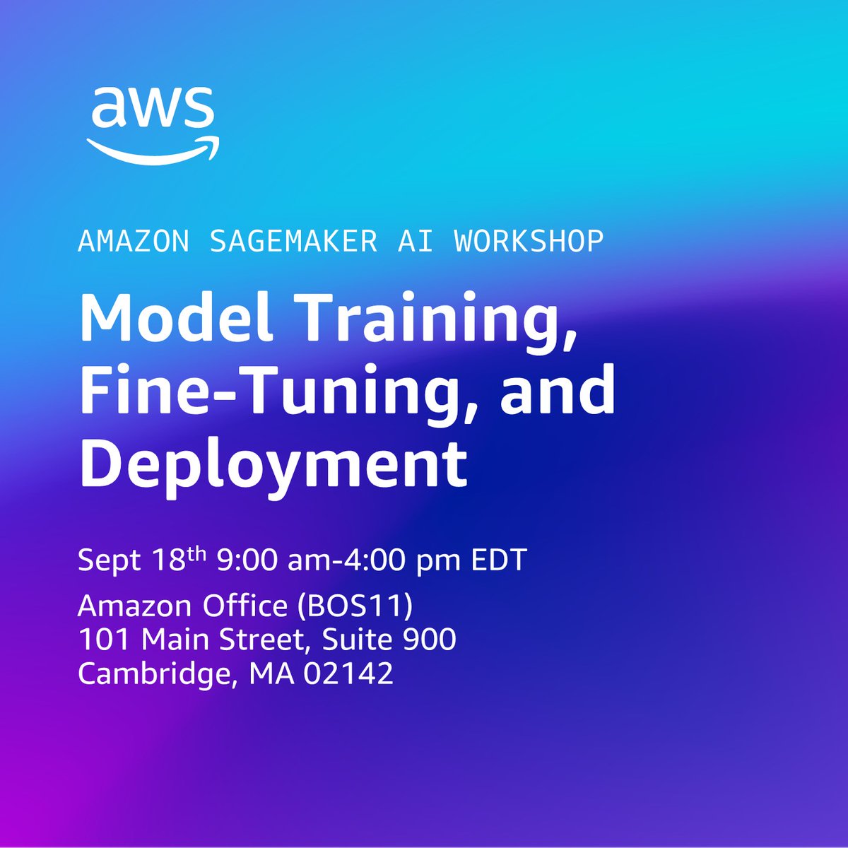 AWSAI's tweet image. Boston ML engineers &amp;amp; data scientists: level up your #MachineLearning skills ⚙️💡 📆

Join us for an immersive dive into #AmazonSageMaker AI on Sept 18th. Learn how to scale AI training across 1000s of accelerators while optimizing performance. #AWS 

👉 go.aws/4ncW1Pe