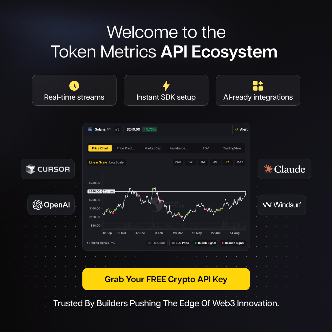 TokenMetricsDev's tweet image. Welcome to the Token Metrics API ecosystem. 🤝

Our API delivers real-time AI insights to what you&apos;re building with:

• Crypto data, grades &amp;amp; signals. 
• Fast API/SDK integration.
• Connect with OpenAI, Claude &amp;amp; more.

Start Building Smarter for Free: tokenmetrics.com/api