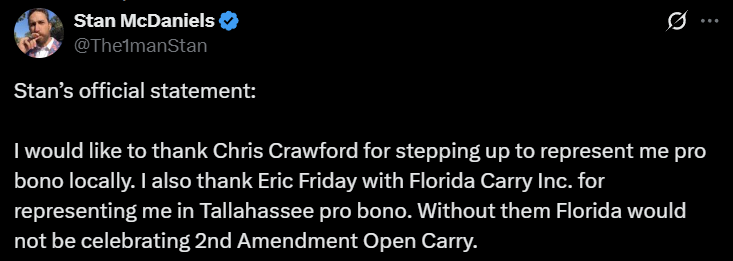 Thank you Stan for standing up for our 2A Rights.  We are proud to have represented you.