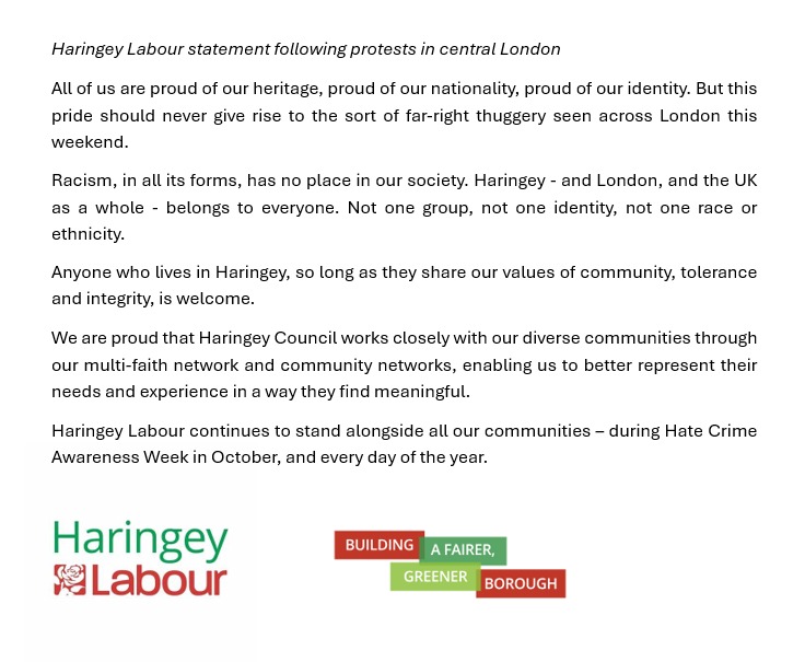Haringey Labour statement following protests in central London