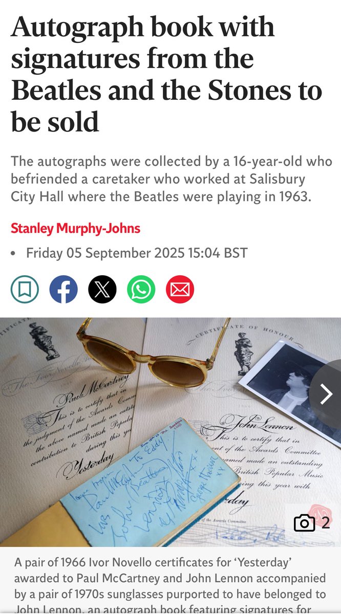 We have been hitting the headlines again with our Beatles and Rolling Stones ephemera - in particular the Ivor Novello certificates for Yesterday awarded to Paul and John, and signatures of the Fab 4 and the Stones itv.com/news/meridian/…
