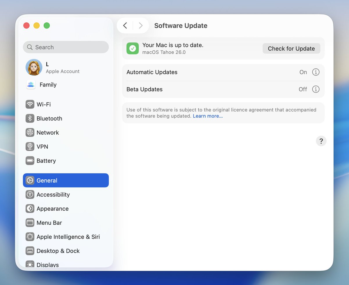 Didn’t get the update on your Mac? Try disabling beta updates and rebooting 👀
#macOS26