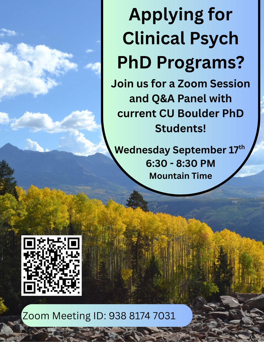 CUPsychandNeuro's tweet image. Thinking about a PhD in Clinical PSYC?

Join us for a virtual info session + Q&amp;amp;A with current CU Boulder Clinical Psychology PhD students!🦬

Wednesday, Sep 17
6:30–8:30 PM MT
Zoom

Get insider tips, ask your questions, and connect with students who’ve been through the process!