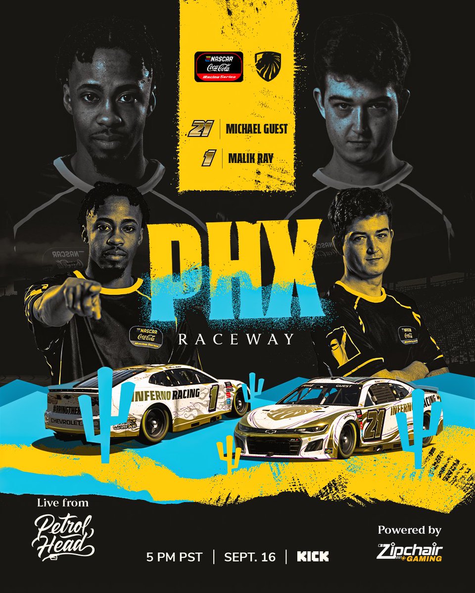 🏁 Inferno Racing is back on track!
Catch <a href="/MGuest33/">Michael Guest</a> (#21) and <a href="/MalikRayTTV/">MFR</a> (#1) as they battle it out at PHX Raceway in the <a href="/ENASCARGG/">ENASCAR</a> Coca-Cola <a href="/iRacing/">iRacing</a> Series.
📍 Live from Petrol Head
🕔 5 PM PST | Sept. 16
📺 Streaming on <a href="/KickStreaming/">KICK</a> 

🔥 Powered by <a href="/ZipchairGaming/">Zipchair Gaming</a>