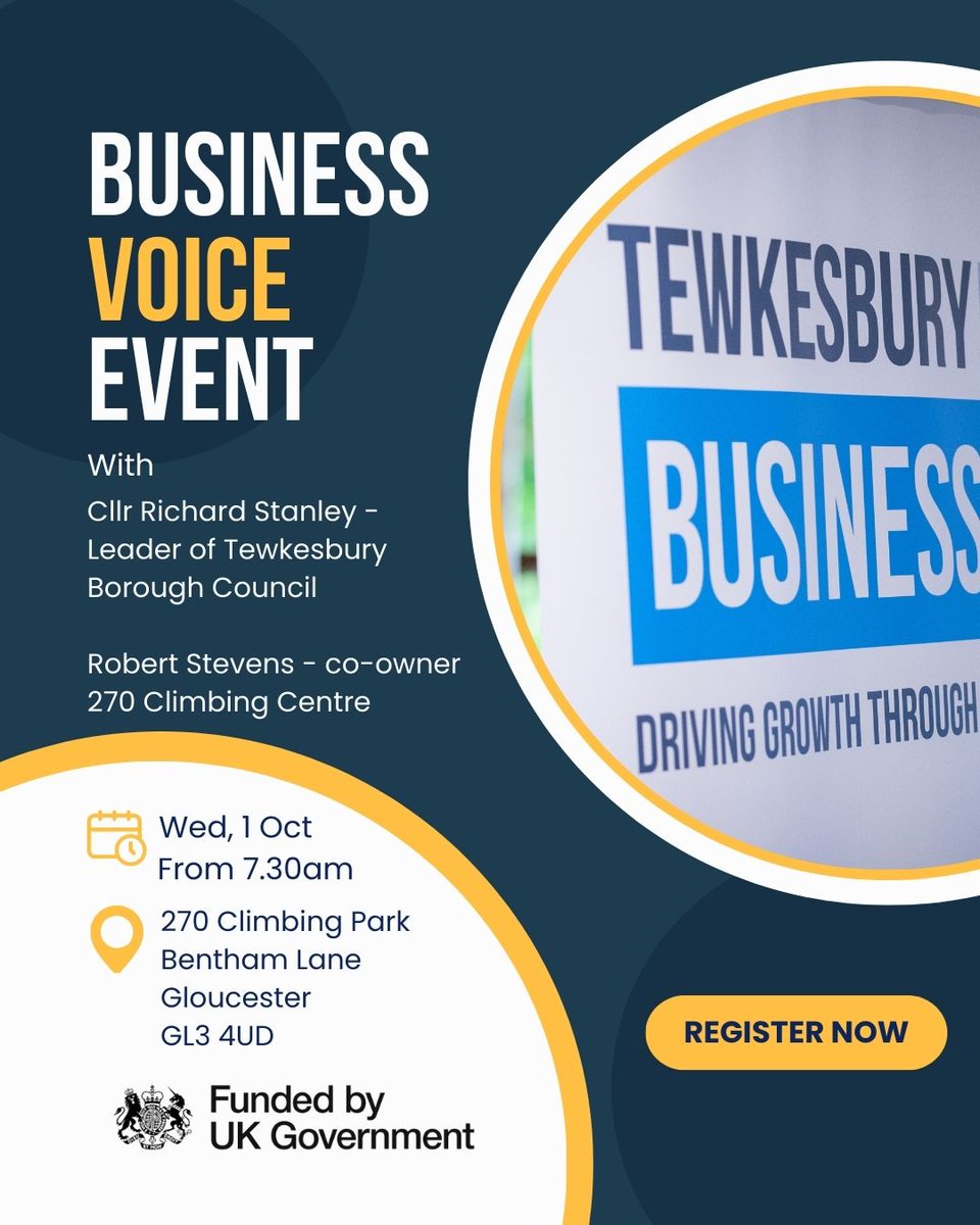 📣 Tewkesbury borough businesses—don’t miss the Business Voice Breakfast on 1 October!
🕢 Starts 7.30am | 🎤 Talks + Panel | 🤝 Networking
Hear from <a href="/270climbing/">270 Climbing Park</a> and expert panel on growth &amp; sustainability.
Free to attend, funded by #UKSPF.
🔗 Sign up: orlo.uk/C5GGi