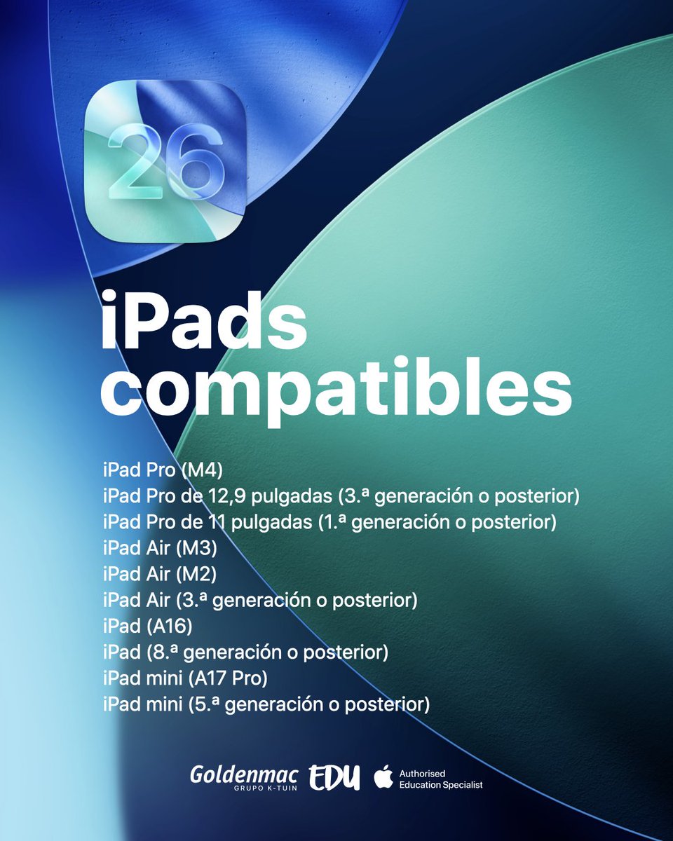 GoldenmacEDU (@goldenmacedu) on Twitter photo ✨ Hoy tu iPad cambia para siempre.
Con iPadOS 26 llegan: multitarea real, ventanas libres, un diseño más limpio y muchas más sorpresas!
¿List@ para estrenar un nuevo iPad? 😏
#iPadOS26 ✨ Hoy tu iPad cambia para siempre.
Con iPadOS 26 llegan: multitarea real, ventanas libres, un diseño más limpio y muchas más sorpresas!
¿List@ para estrenar un nuevo iPad? 😏
#iPadOS26