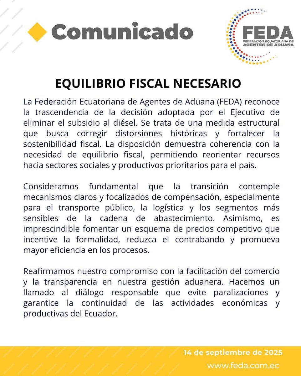 💬 Desde FEDA respaldamos las decisiones que promuevan la sostenibilidad fiscal y el desarrollo productivo del país.
🤝 Reafirmamos nuestro compromiso con la transparencia, el comercio seguro y el diálogo responsable en beneficio del Ecuador.