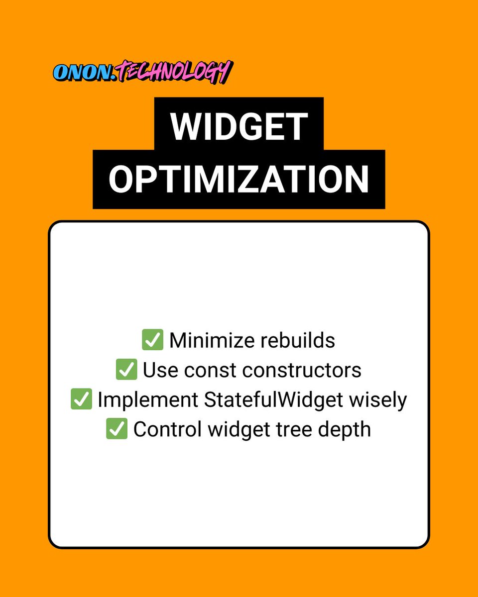 onon_technology's tweet image. ⚡ Flutter Performance Guide:
✨ Widget tree optimization
✨ Memory & image caching
✨ Lazy loading strategies
✨ Animation performance
✨ Build modes & profiling
📱 WhatsApp: +852 9332 3868
🔗 onon.technology/blog
#FlutterPerformance #AppOptimization