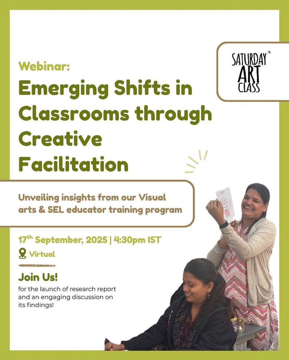 We’re excited to launch our Educator Impact Report! ✨
Join our webinar to hear how art &amp; SEL are reshaping classrooms, building confidence &amp; inspiring teachers. 🌟

📅 17 Sept | 🕓 4 : 30–6 PM IST | 💻 Zoom
🔗 Register: luma.com/l1inuth5

#SaturdayArtClass #ArtForEducator