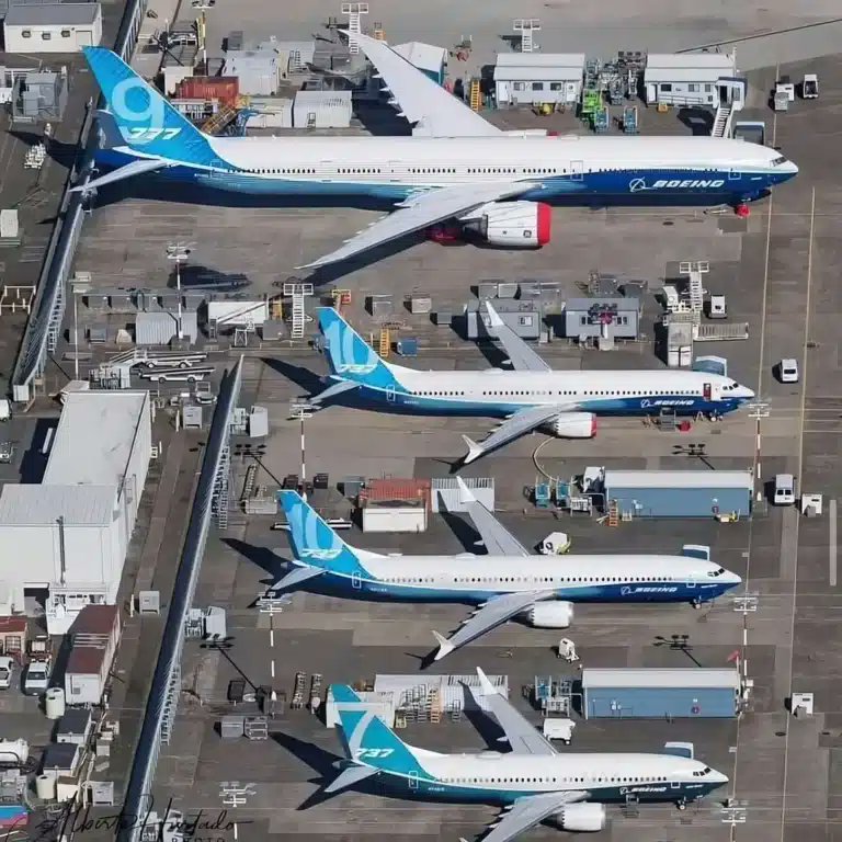 Boeing 777-9 parked next to the 737 Max 7 and 10, showing the massive difference in scale between the planes