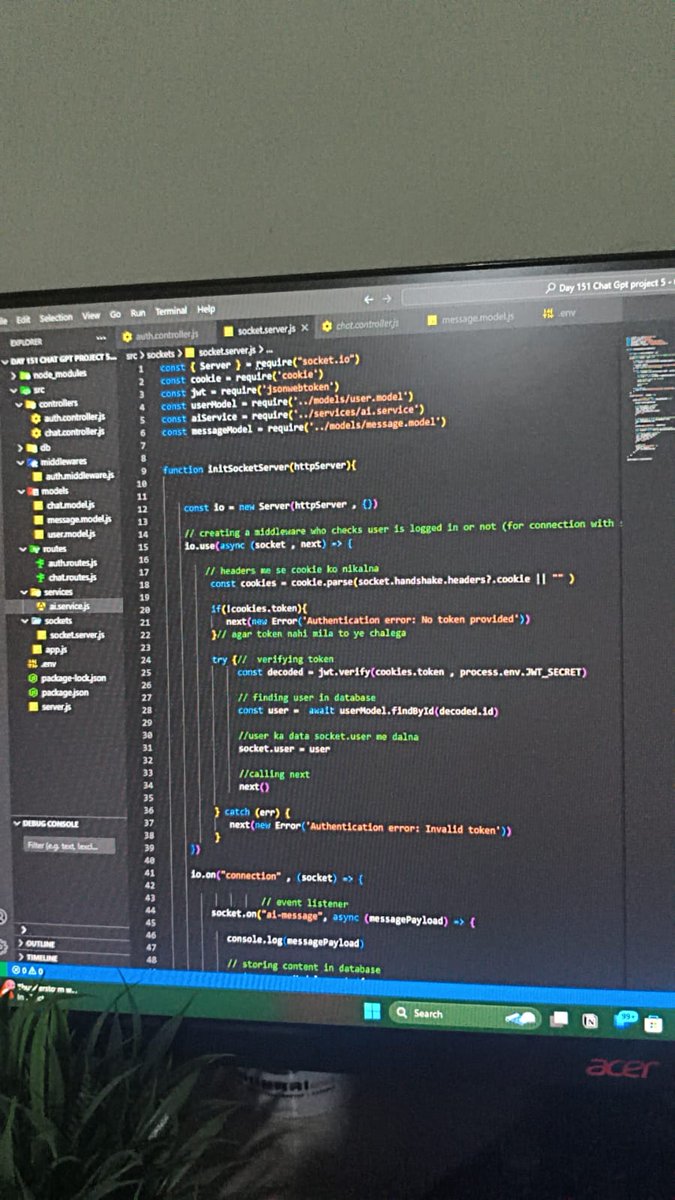 AnujKus33788991's tweet image. Day 22 & 23 ✅ of my #75DaysOfCode
Progress on my ChatGPT clone 👇
Added socket.io (real-time comms) ⚡
Middleware to allow sockets only if logged in 🔒
Integrated Gemini AI for responses 🤖
Real-time + AI in one project = super fun to build 🚀
#NodeJS #Socket