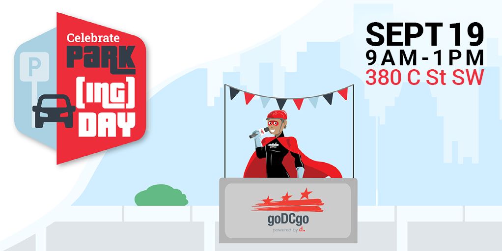 goDCgo's tweet image. In a car-free world, what could we do with parking spaces? In honor of #PARKingDay, we'll be turning an empty parking spot into a goDCgo pop-up! This Friday from 9am-1pm, visit us at 380 C St SW for games, prizes, sustainable transportation information, and more 🚗