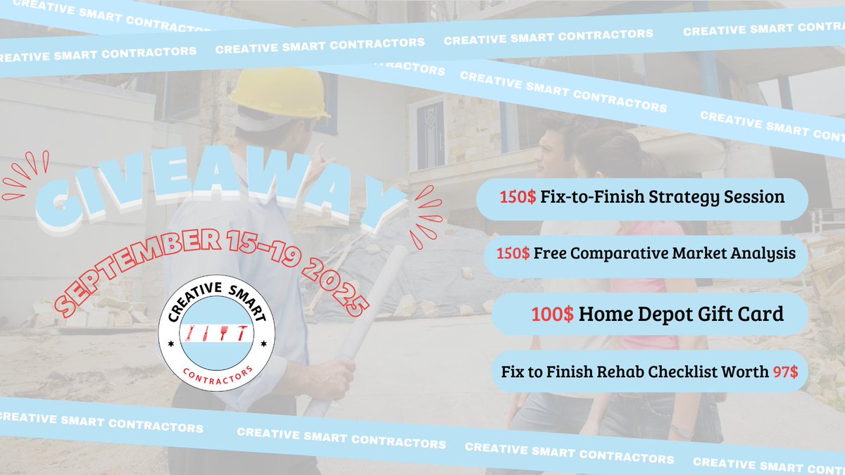csccontractor's tweet image. Win a $597 Rehab Starter Bundle

✅ $100 Home Depot Gift Card
✅ Strategy Session
✅ CMA
✅ Rehab Checklist

Extra entries for every share.
Refer a friend = double win if they win!

Enter now: creativesmartcontractors.com/giveaway/

#FixToFinish #RealEstateInvesting #ChicagoRehabs #Giveaway