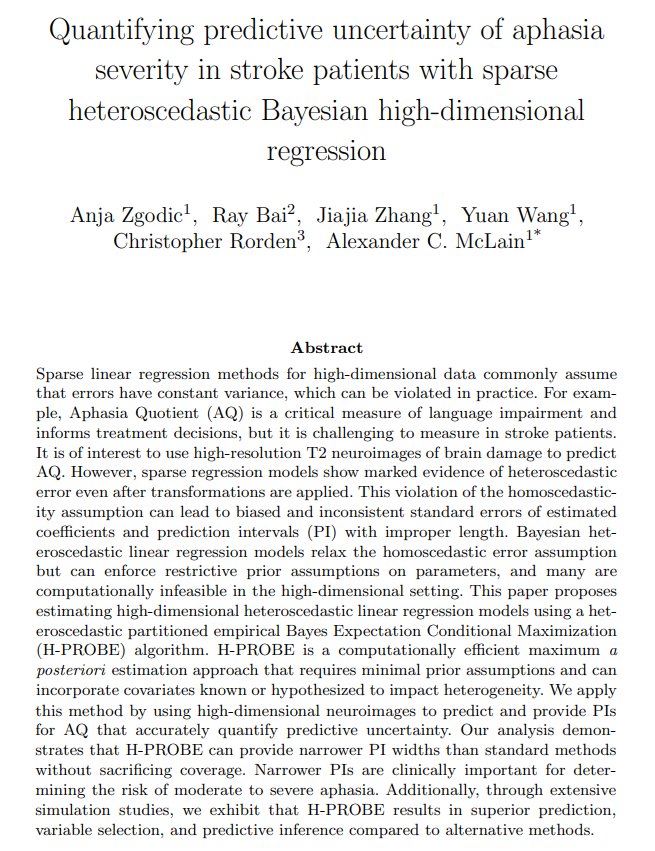 Our paper, "Quantifying predictive uncertainty of aphasia severity in stroke patients with sparse heteroscedastic Bayesian high-dimensional regression," has been accepted for publication in Computational Statistics! 

Read it here: raybai.net/wp-content/upl…