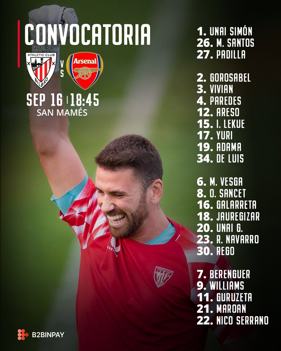 🗒 𝗖𝗢𝗡𝗩𝗢𝗖𝗔𝗧𝗢𝗥𝗜𝗔

Ernesto Valverde cita a 2️⃣3️⃣ jugadores para el partido de mañana (18:45h) ante el <a href="/Arsenal/">Arsenal</a> en San Mamés.

#AthleticArsenal #UniqueInTheWorld 🦁