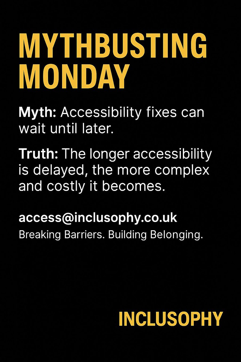 Mythbusting Monday 🚀

Myth: “Accessibility fixes can wait until later.” Truth: The longer accessibility is delayed, the more complex and costly it becomes. Delaying accessibility isn’t saving money — it’s building barriers. Acting early avoids retrofits, strengthens compliance,