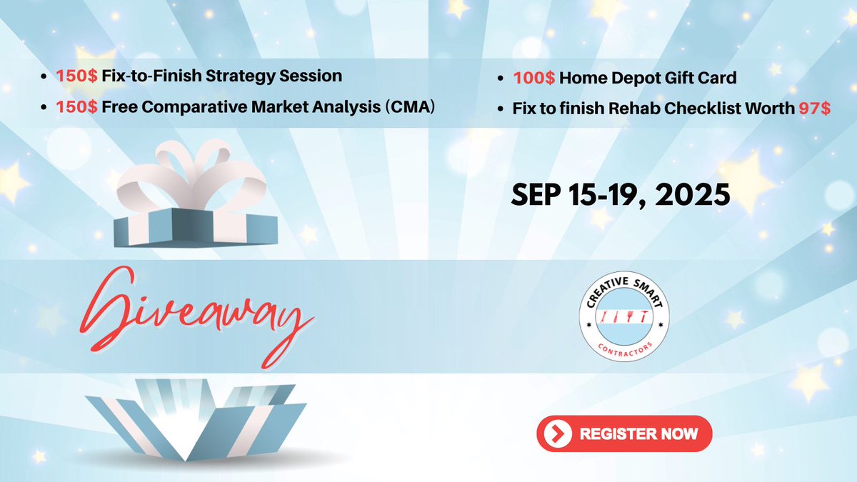 csccontractor's tweet image. Midweek Check-In: Have you entered the Fix-to-Finish Giveaway yet?

$597 rehab bundle up for grabs:
✅ $100 Home Depot card
✅ CMA
✅ Strategy call
✅ Checklist

Share for extra entries
Referral = double win!
creativesmartcontractors.com/giveaway/

#GiveawayAlert #ChicagoInvestors