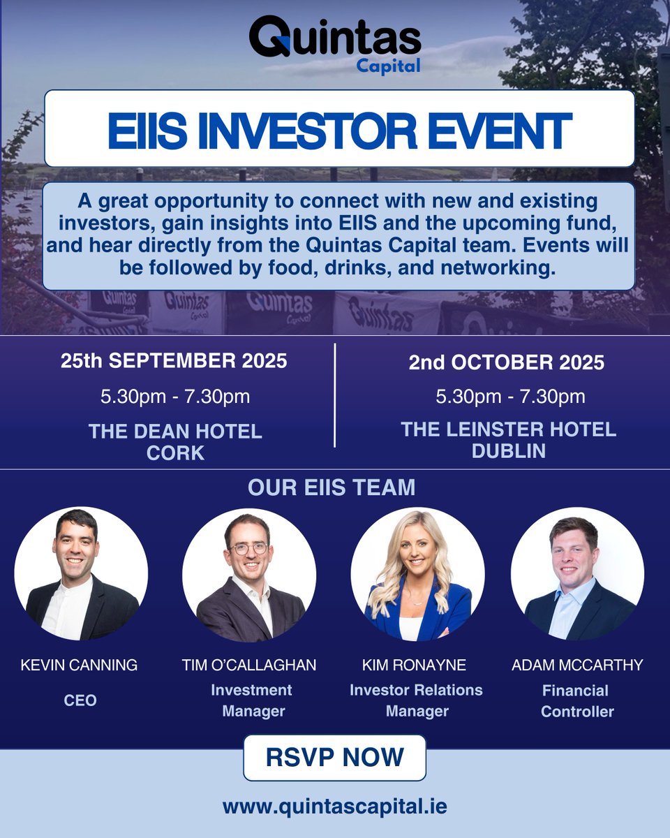 quintascapital's tweet image. Unlock your EIIS investing potential  and earn 2 hours CPD! Join us in Cork (limited spots, Sept 25th) or Dublin (almost full) for expert insights, networking, and tax-efficient strategies.  
Book now via the links on our website eu1.hubs.ly/H0n19BD0
#EIIS #CPDAccredited