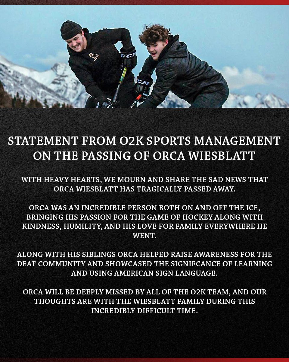 It is with incredibly heavy hearts O2K Sports Management shares the passing of Orca Wiesblatt.

Our thoughts are with the Wiesblatt family during this incredibly difficult time 🕊️