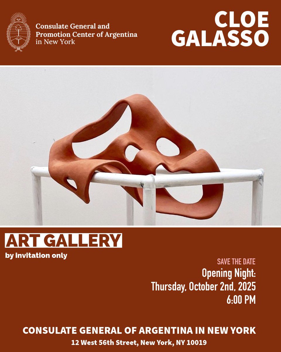 ✨UPCOMING EXHIBITIONS

🎨 De América by Paula Morando — exploring 🇦🇷 symbols in dialogue with ancestral traditions.

🕊️ Cloe Galasso — abstract works reflecting on light, shadow, transformation &amp; rebirth.

📍Opening: Oct 2, 6pm | 12 W 56th St, NY

RSVP 👉 cnyor.cancilleria.gob.ar/es