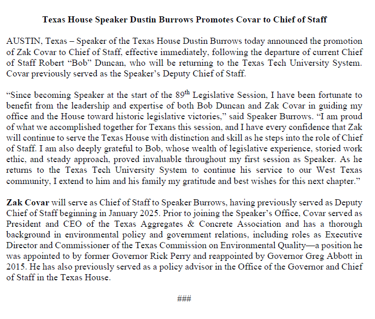 Burrows4TX's tweet photo. Excited to announce the promotion of Zak Covar to Chief of Staff, as Bob Duncan returns to serving the Texas Tech University System. I’m proud of everything we accomplished under Bob’s leadership this session, and I look forward to delivering more legislative wins for our state with Zak’s continued support in this role.

It’s been an honor having Bob guide my team and the Texas House this session, and I wish him and his family all the best in this next chapter.