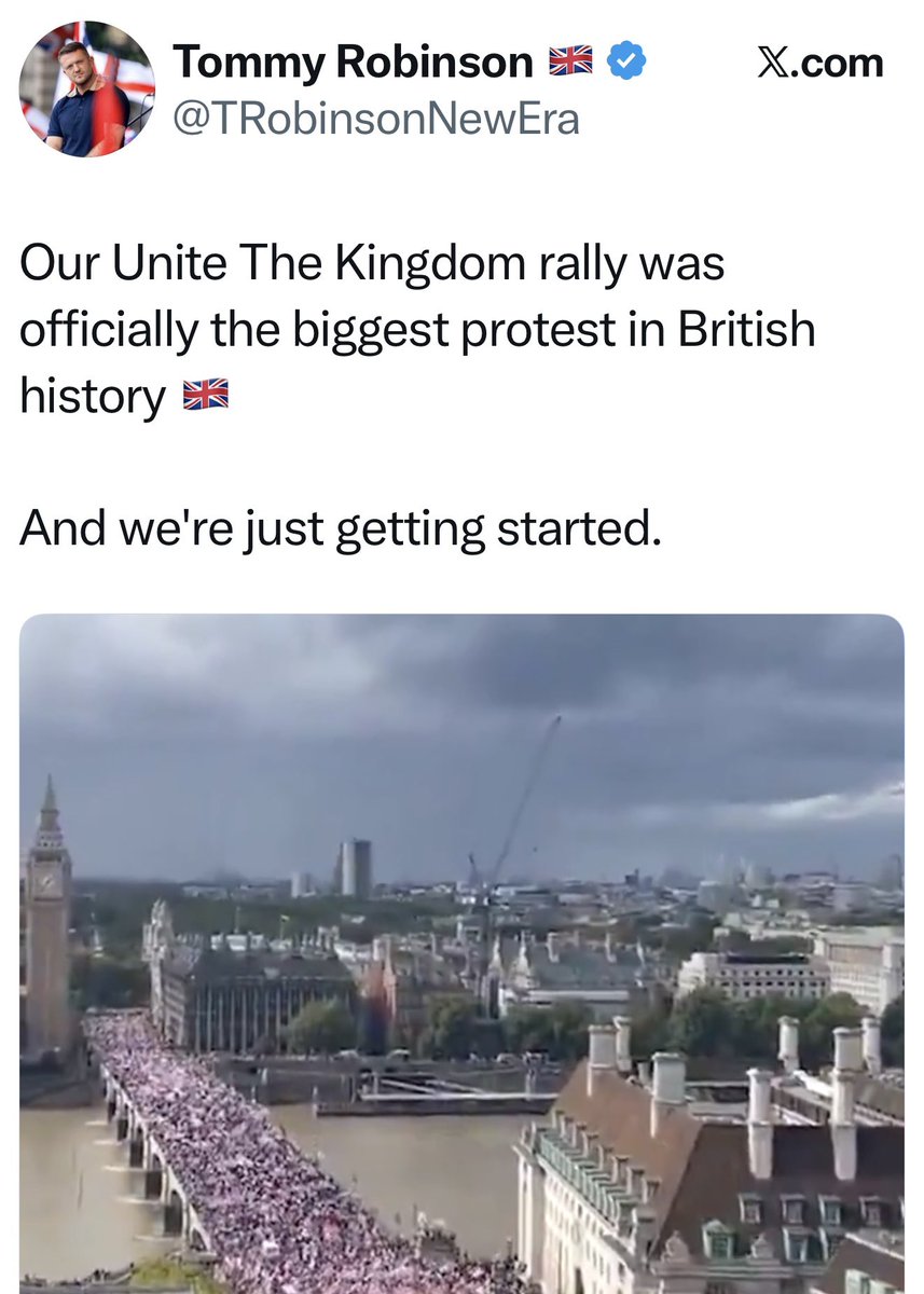 Tommy Robinson is lying about the size of his rally again. 

His Unite the Kingdom bimble through London doesn’t even rank in the top five largest protests in British history. 

For context the largest protest was the Stop the War march in February 2003. 

#UniteTheKingdom