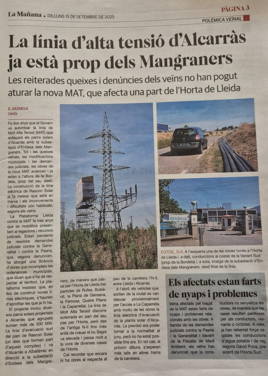 Gràcies a <a href="/LaManyanacat/">La Mañana</a> per explicar la nostra situació desesperant. En sortirem! #partidalafemosa #partidaquatrepilans #hortasudlleida #noalamatlleida <a href="/noMATlleida/">Plataforma Lleida contra la MAT</a>