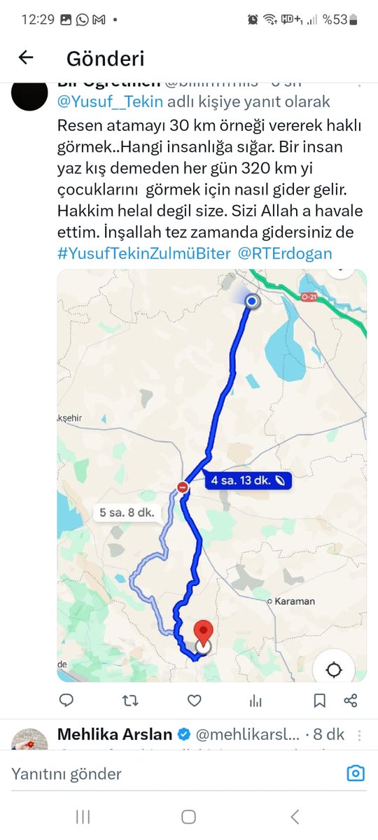 <a href="/fufunda474/">Funda</a> <a href="/EmineErdogan/">Emine Erdoğan</a> <a href="/tcmeb/">Millî Eğitim Bakanlığı</a> <a href="/Yusuf__Tekin/">Yusuf Tekin</a> <a href="/RTErdogan/">Recep Tayyip Erdoğan</a> #MebGerçekler300km
<a href="/Yusuf__Tekin/">Yusuf Tekin</a> 
Bakanım 3 yıl sonra aile kavuştum resen atama ile 320 km uzaklıkta başka bir ilçeye gönderildik iki öğretmen olarak nasıl 320 km mesafe ile aile yılında nasıl aile olalım resen atama iptali bekliyoruz <a href="/cftcblnt/">Bülent ÇİFTCİ</a> <a href="/EmineErdogan/">Emine Erdoğan</a>
<a href="/MahinurOzdemir/">Mahinur Özdemir Göktaş</a> 963