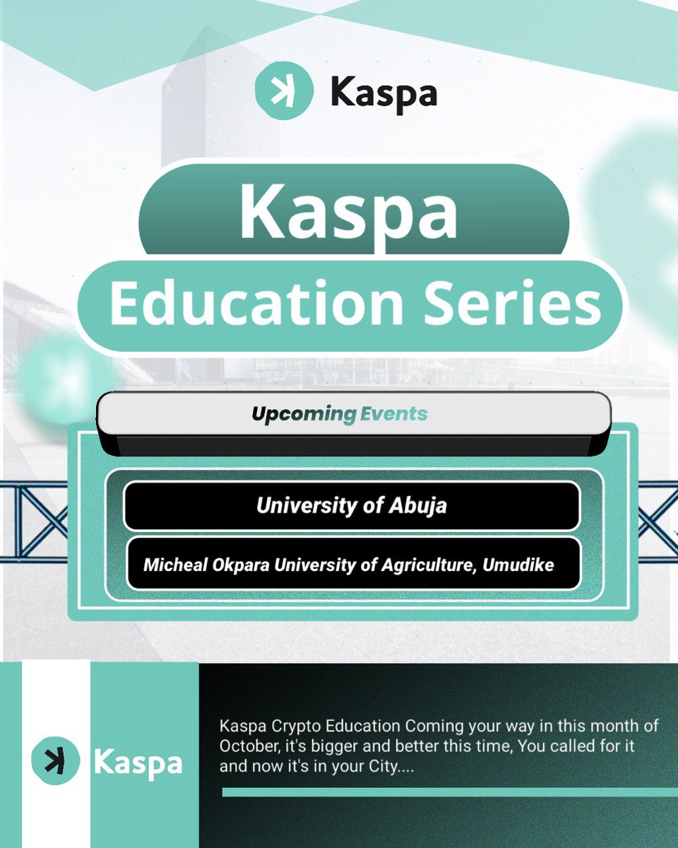 🎓 Kaspa Education Series – Next Stops!

We’re taking the fastest open-source blockchain to two powerhouse campuses:

📍 University of Abuja 
📍 MOUAU, Umudike 

💡 What to expect:
• Practical sessions on Kaspa’s lightning-fast proof-of-work tech
• Networking with devs,