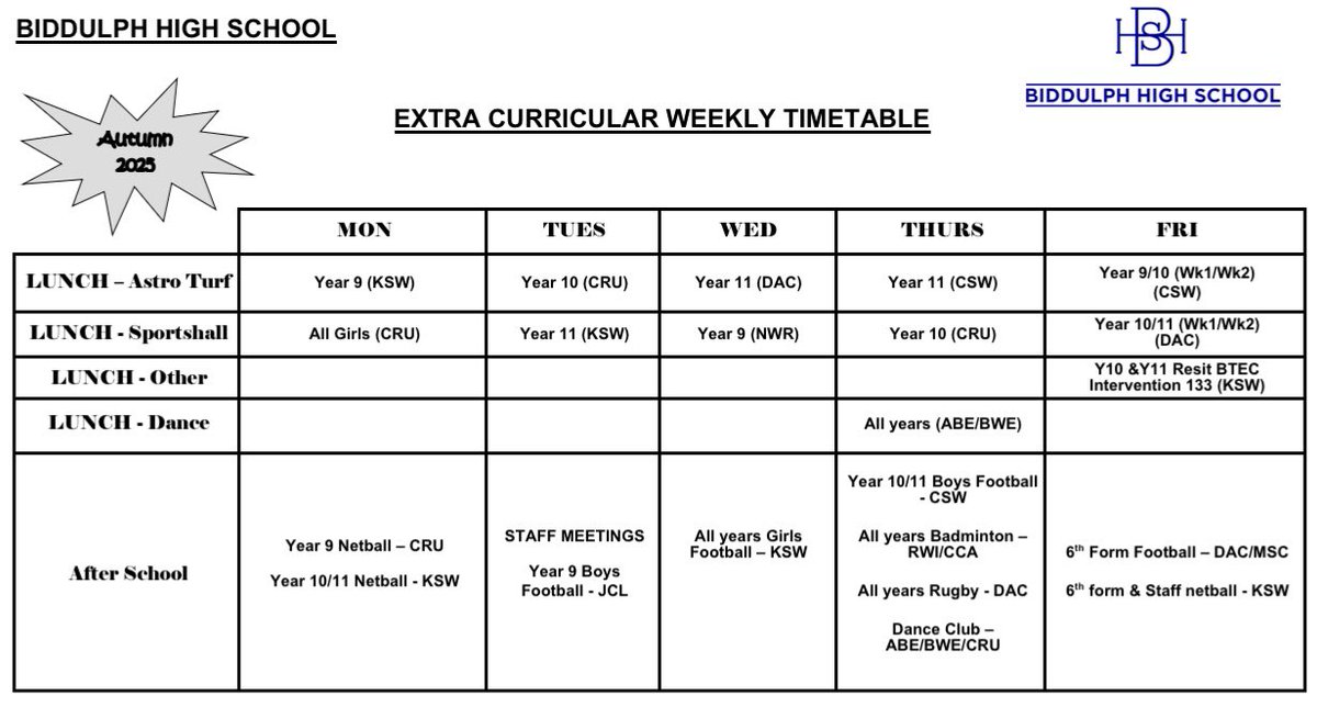 Biddulph High School (@biddulphhigh) on Twitter photo Revised extra curricular timetable. Revised extra curricular timetable.