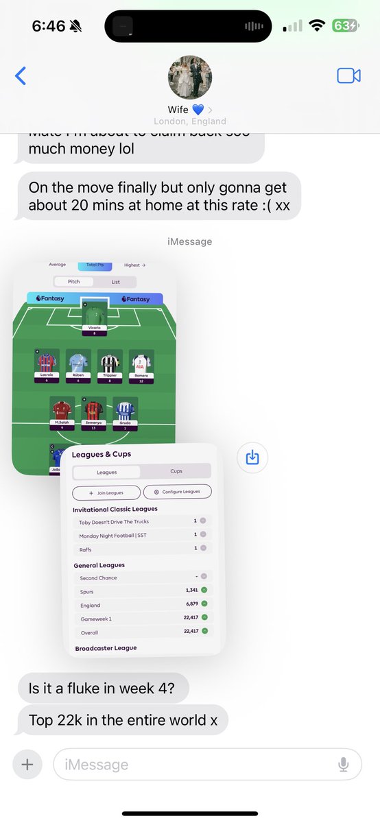 ReubsRJR's tweet photo. Help. I added my wife to the fantasy football league in the hope I then wouldn’t finish bottom. She’s now top 22K in the World. How is this possible? #FantasyFootball #fantasy #FPL #FPLCommunity https://t.co/RMPXYm4Aij