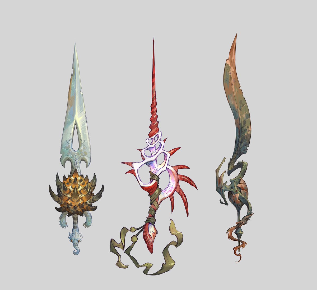 Posting after a year of no posts at all lol, but hey, managed to squeeze some swords in for this year's #swordtember 🤺
I'm using <a href="/faith_schaffer/">faith 🔜swordtember</a> 's list again and these are for the first theme #shell
Hope you like them :)

#swordtember2025 #visdevart #noai #fantasyconceptart