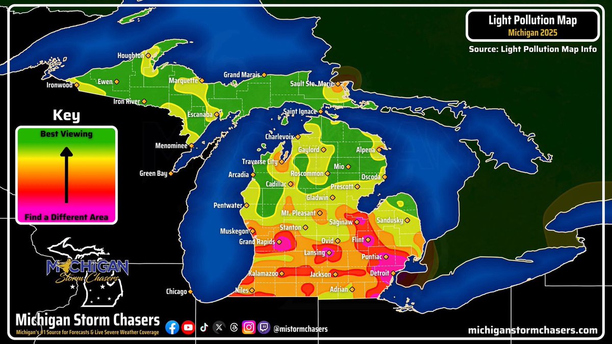 Here at Michigan Storm Chasers, we really want everyone to experience the beautiful views that the Aurora provides once in their lives, but in order to do so, you may need to drive a bit. This is the reality of light pollution in Michigan here in 2025. Labeled below is a color