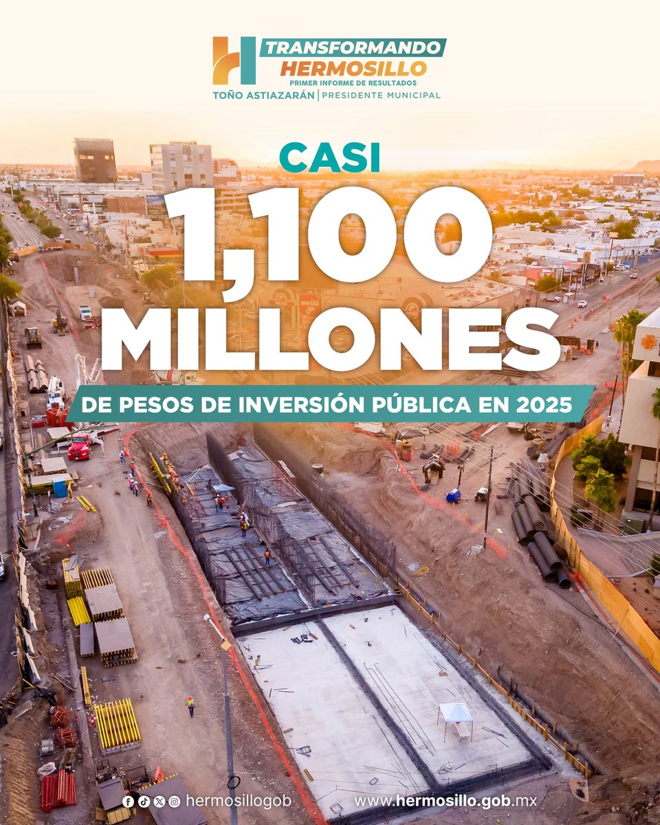 🚧 Hermosillo avanza con más parques rehabilitados, unidades deportivas renovadas y nueva infraestructura vial. 

Este 2025 estamos invirtiendo casi 1,100 millones de pesos en obra pública, ¡una cifra histórica!

Aún falta por hacer, pero paso a paso estamos