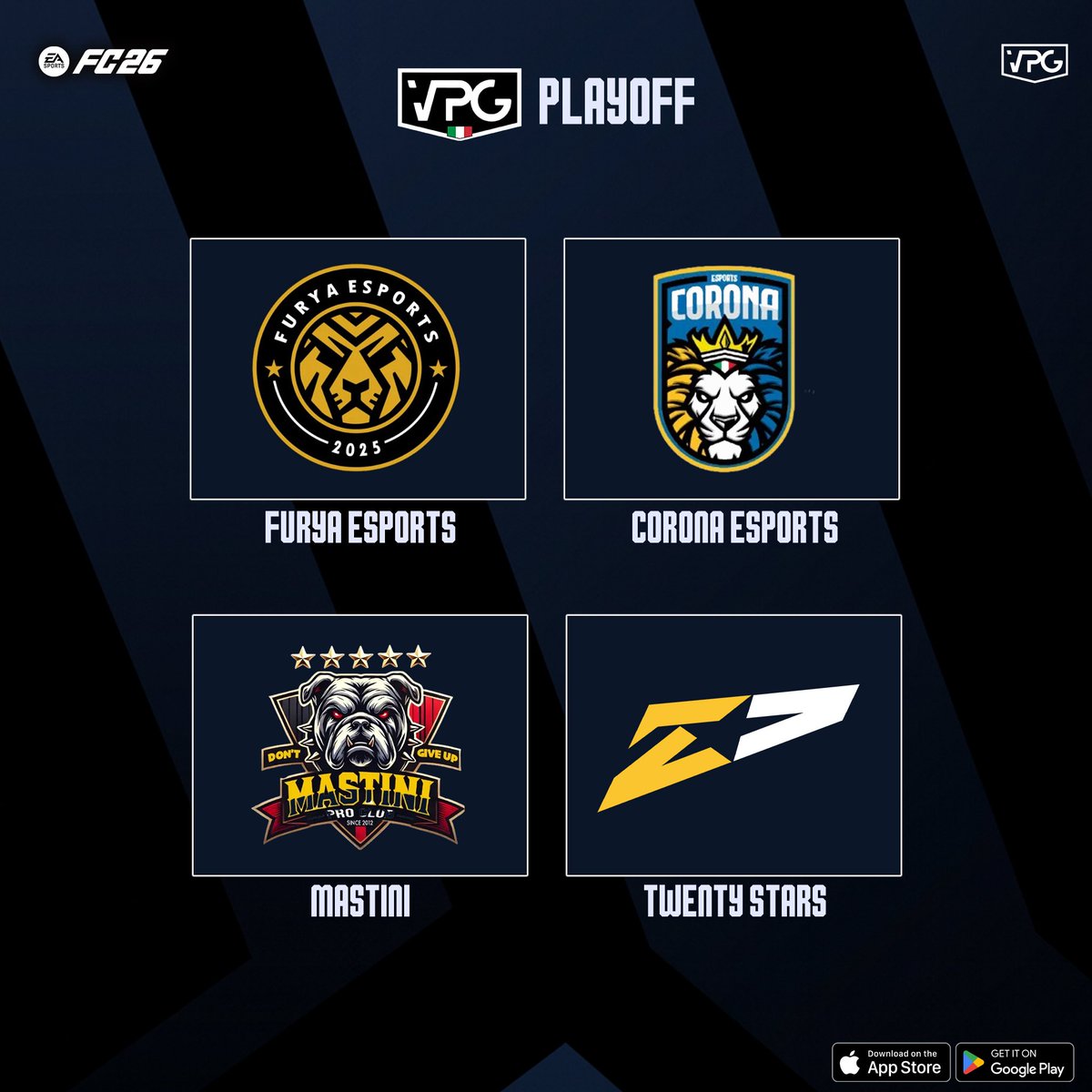 🙌 WELCOME TO THE <a href="/VPGItaly/">Virtual Pro Gaming Italy 🇮🇹</a> Play-Off Serie C1/C2 🇮🇹
🏆 IN PALIO LA PROMOZIONE NELLA SERIE SUPERIORE DI EAFC26!

✅ SQUADRE IN CORSA PER LA GLORIA:
⚡️ @FCSTELLAR 🇮🇹
🐺 <a href="/MastiniProClub/">MASTINI ProClub_EverGreen official MST</a> 🇮🇹
⭐ <a href="/WefraVPC/">Wefra</a> 🇮🇹
👑 <a href="/CORONAESPORTS_/">Corona eSports</a> 🇮🇹

📖 REGOLAMENTO COMPLETO QUI:
👉 virtualprogaming.com/news/68c583871…