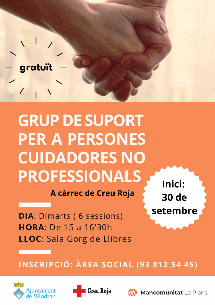 AjViladrau's tweet photo. 🤝 GRUP DE SUPORT PER A PERSONES CUIDADORES NO PROFESSIONALS

📅Inici dimarts 30 de setembre (6 sessions)
⏰De 15 a 16.30 h
📍Sala Gorg de Llibres

✍️ Inscripcions:
📍 Àrea Social de la @Mancoplana 
☎️ 938125445
✅Gratuït

#GSAM #CuidemLesPersones #Viladrau #Osona #Viladrauésmolt https://t.co/A52J6iB0he